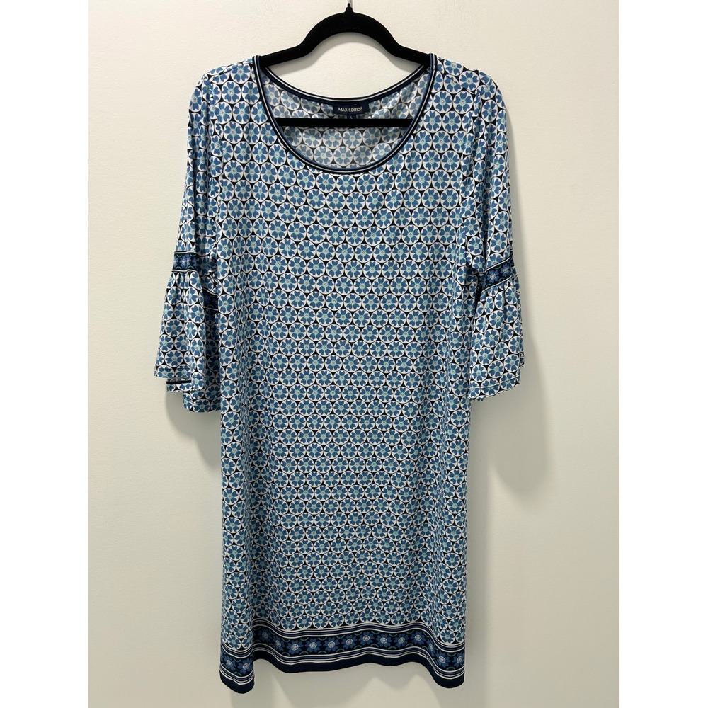 Max Edition Blue Floral Geometric Bell Sleeve Shift Dress Large 8802W57